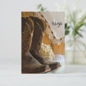 カウボーイブーツとレースウェスタン結婚式RSVPカード 出欠カード (スタンド正面)