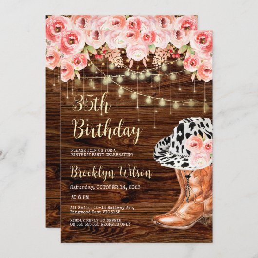 カウボーイブーツと帽子の誕生日パーティーの招待状 招待状 (正面/裏面)