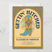カウボーイブーツの「Gettin' Hitched」バチェラー・パーティー 招待状 (正面)