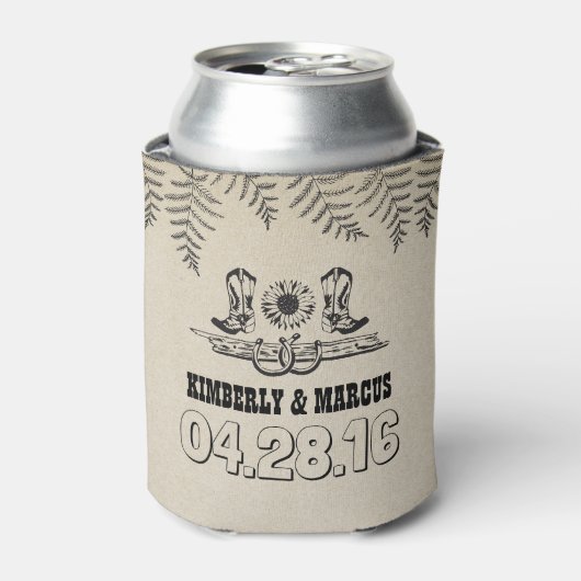 カウボーイブーツひまわり及び馬蹄形素朴 缶クーラー (缶正面)