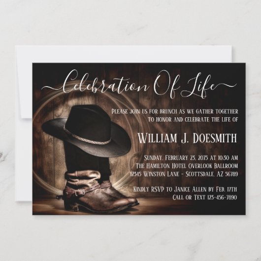 カウボーイブーツカウボーイハット葬儀記念サービス 招待状 (正面)