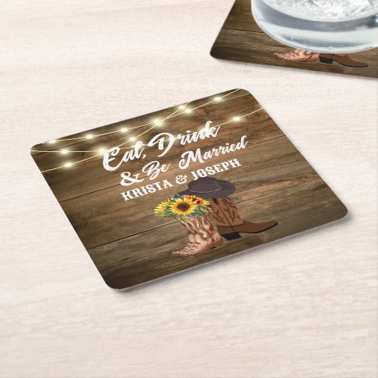 カウボーイブーツサンフラワーウェスタン結婚式の引き出物 スクエアペーパーコースター (アングル)