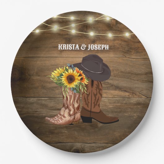 カウボーイブーツサンフラワーウェスタン結婚式の引き出物 ペーパープレート (正面)