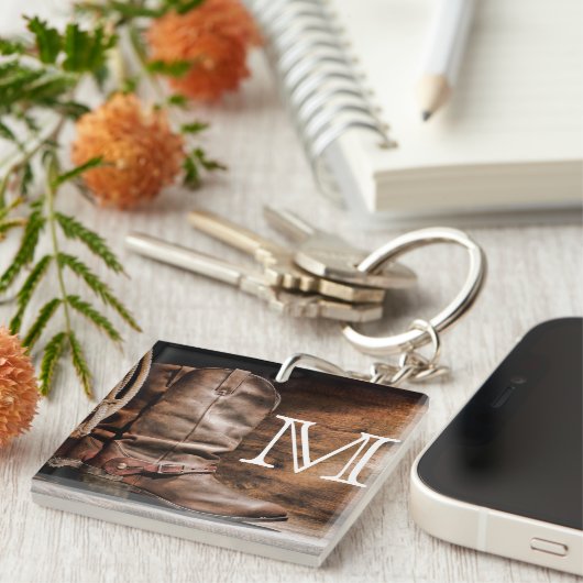 カウボーイブーツスパーカントリーロープウッドキーチェーン キーホルダー (正面右)