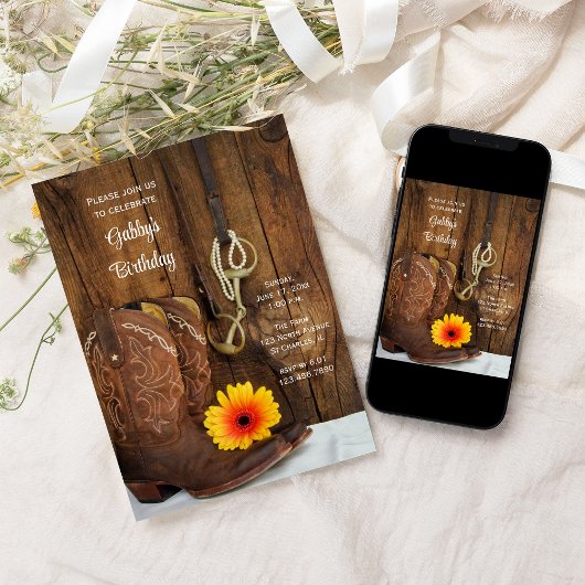 カウボーイブーツデイジーカントリーウェスタンバースデーパーティー 招待状