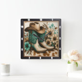 カウボーイブーツハットフローラ スクエア壁時計 (ホーム)