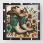 カウボーイブーツハットフローラ スクエア壁時計 (正面)