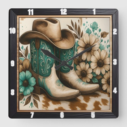 カウボーイブーツハットフローラ スクエア壁時計 (正面)