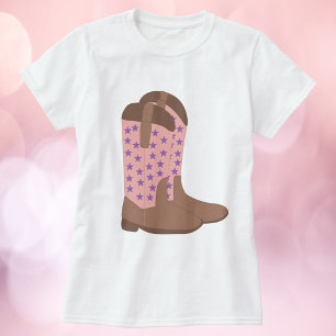 カウボーイブーツピンク色の茶色の紫色の星 Tシャツ
