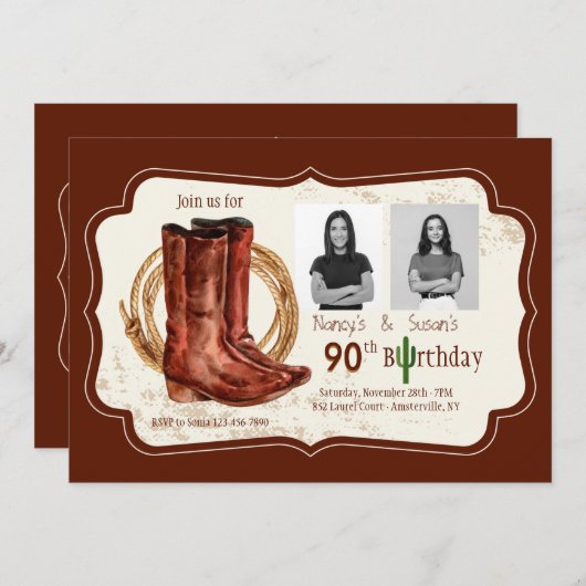 カウボーイブーツフォトバースデーパーティーへの招待 招待状 (正面/裏面)