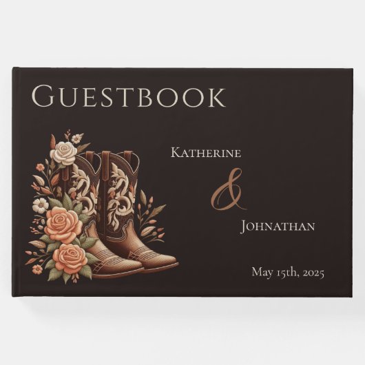 カウボーイブーツ付きカントリー西部の花 ゲストブック (正面)