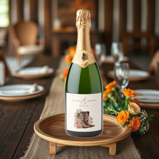 カウボーイブーツ付きカントリー西部の花 スパークリングワインラベル