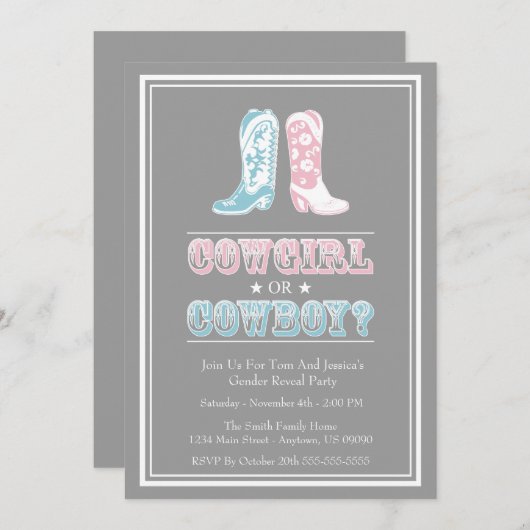 カウボーイブーツ性別の表示パーティの招待状 招待状 (正面/裏面)