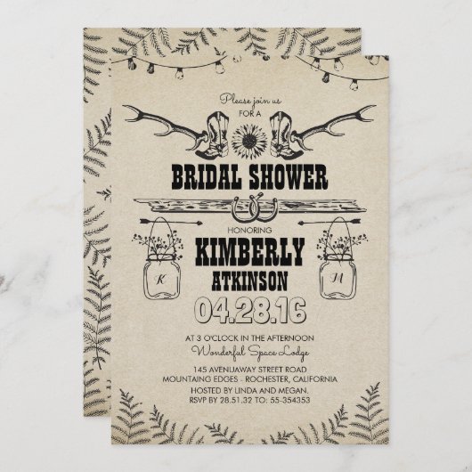 カウボーイブーツ素朴カントリーブライダルシャワー 招待状 (正面/裏面)