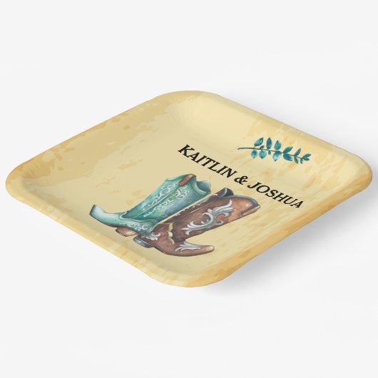 カウボーイブーツ結婚ズ🤠ウェスタン素朴モノグラム ペーパープレート (傾斜あり)