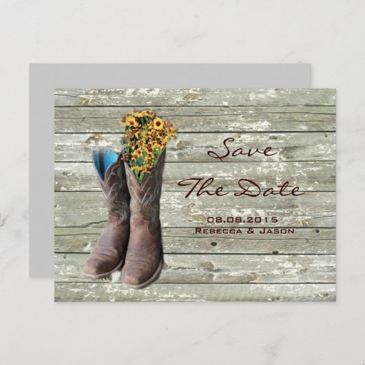 カウボーイブーツ西部の田舎の結婚式は日付を保存 案内ポストカード (正面/裏面)