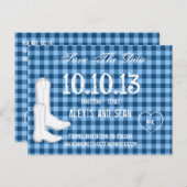 カウボーイブーツ青市松模様にいギンガム日付を保存 案内ポストカード (正面/裏面)
