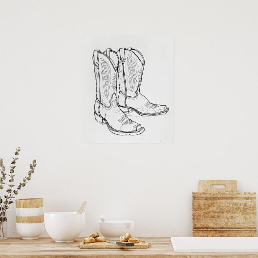 カウボーイブーツ黒ミニマルモダンリストラインアート ポスター (キッチン)