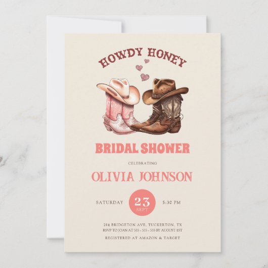 カウボーイブーツ&カウイプリントウェスタンブライダルシャワー 招待状 (正面)