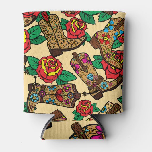 カウボーイブーツ&バラ:ヴィンテージデザイン。 缶クーラー (正面)