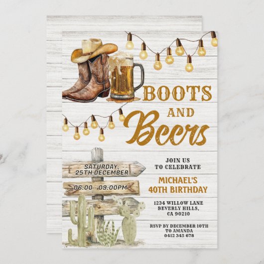 カウボーイブーツ&ビール大人任意の年齢の誕生日ウッド 招待状 (正面/裏面)