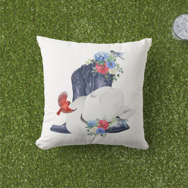 カウボーイブーツ/帽子と花/鳥 アウトドアクッション (芝生)