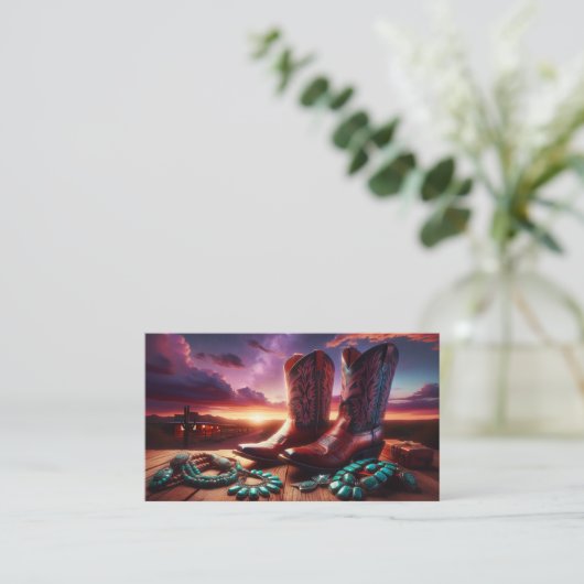 カウボーイブーツ、砂漠のターコイズジュエリー（黒） 名刺 (スタンド正面)