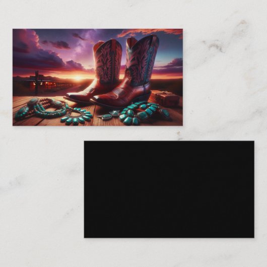 カウボーイブーツ、砂漠のターコイズジュエリー(黒) 名刺 (正面/裏面)