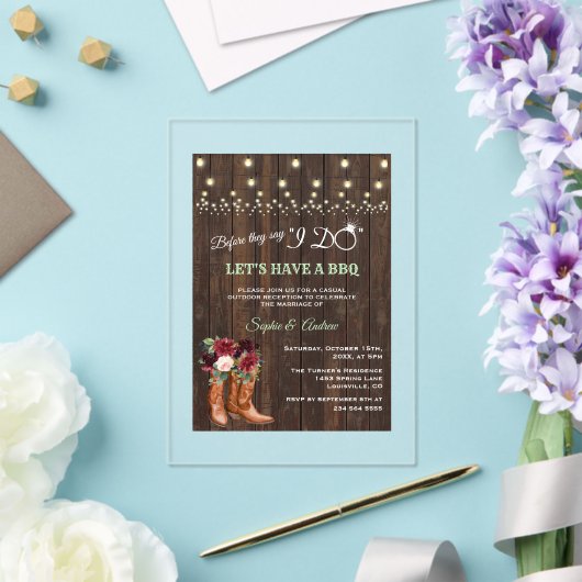 カウボーイブーツBBQと言う前にバーガンディフローラ アクリル招待状 (インサイチュ (ウェディング))