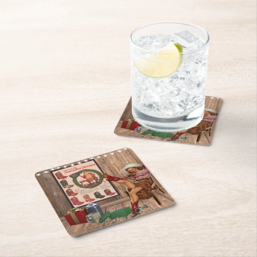 カウボーイブートクリスマス スクエアペーパーコースター (インサイチュ)