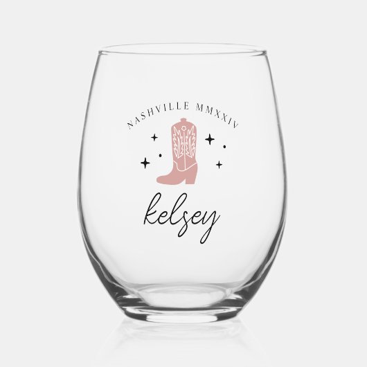 カウボーイブートパーソナライズされたバチェロレッテ ステムなしワイングラス (正面)