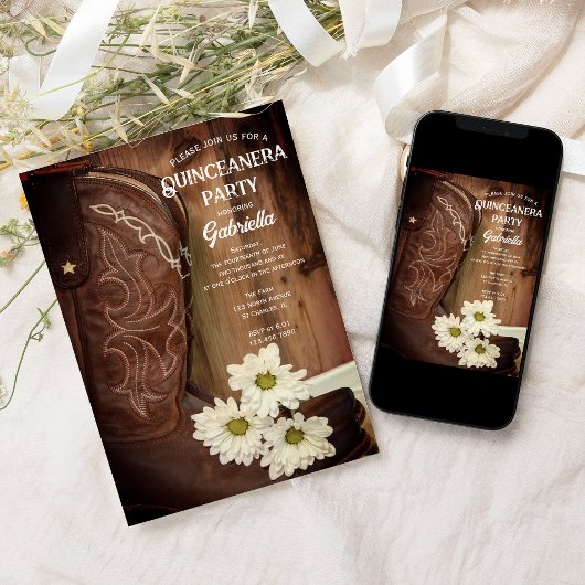 カウボーイブートホワイトデイジーウェスタンキンセアニェラパーティー 招待状