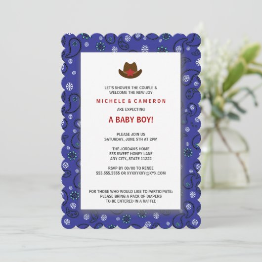 カウボーイベイビーシャワー招待状ウエスタンブルーバンダナ 招待状 (スタンド正面)