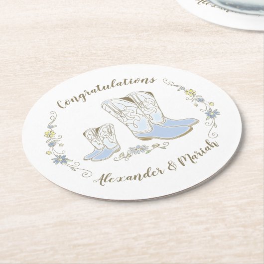 カウボーイベビーシャワーカントリー西ブルーボーイ ラウンドペーパーコースター (アングル)