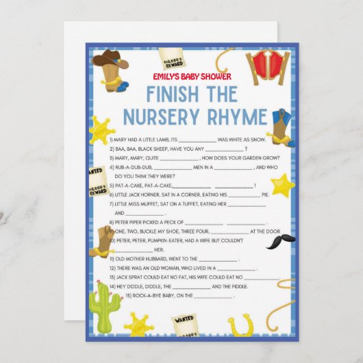 カウボーイベビーシャワーゲーム – 編集可能な名前、5 x 7サイズ 招待状 (正面/裏面)