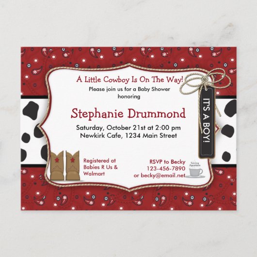 カウボーイベビーシャワー招待状インレッドバンダナ インビテーションポストカード (正面)