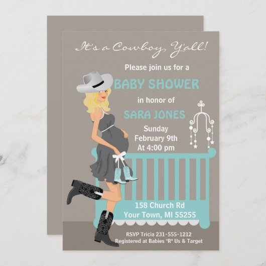 カウボーイベビーシャワー招待状-ブロンドウエスタン 招待状 (正面/裏面)