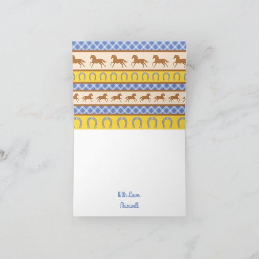 カウボーイホースポニーかわいい1st誕生日パーティーテーマ カード (内部)