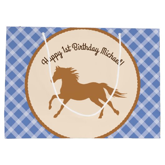 カウボーイホースポニーかわいい1st誕生日パーティーテーマ ラージペーパーバッグ (裏面)