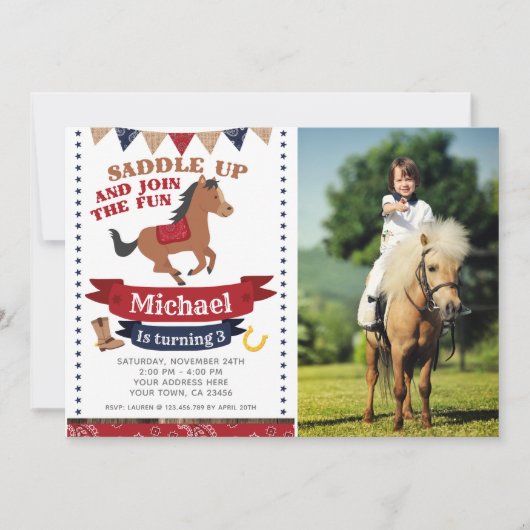 カウボーイホース誕生日招待状と写真 招待状 (正面)