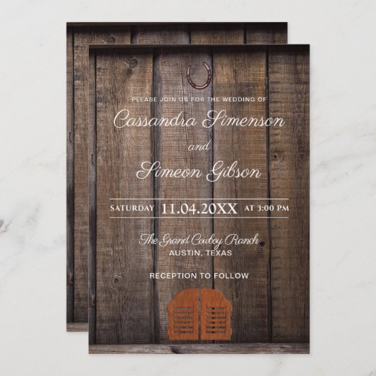 カウボーイモダン、ウッドウェディング素朴デー 招待状 (正面/裏面)