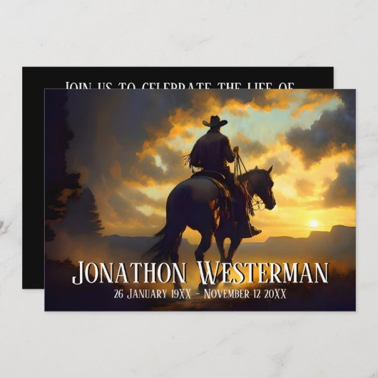 カウボーイライドホースアットサンセットお祝いオブライフ 招待状 (正面/裏面)