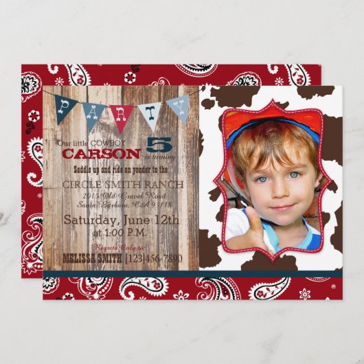 カウボーイレッドバンダンナウェスタンテーマ誕生日 招待状 (正面/裏面)