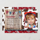 カウボーイレッドバンダンナウェスタンテーマ誕生日 招待状 (正面/裏面)