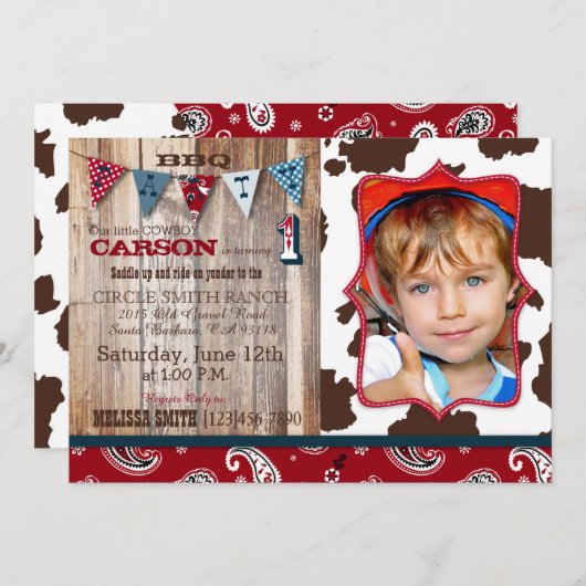 カウボーイレッドバンダンナウェスタンテーマ誕生日 招待状 (正面/裏面)