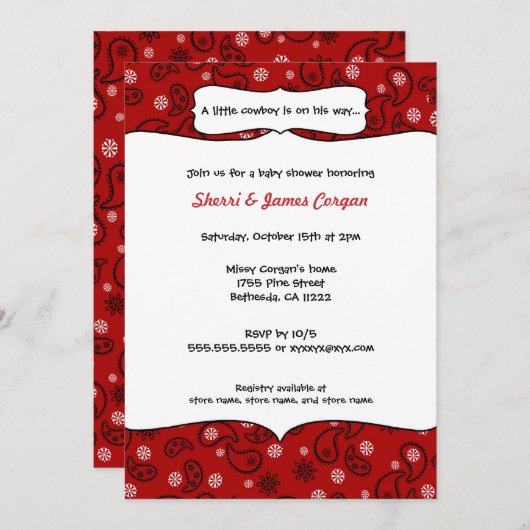 カウボーイレッドペイズリーベビーシャワー招待状 招待状 (正面/裏面)