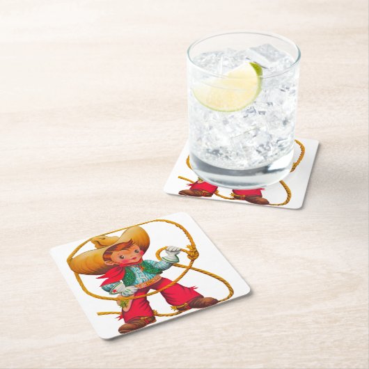 カウボーイレトロボーイチャイルドカワイウェスタン スクエアペーパーコースター (インサイチュ)