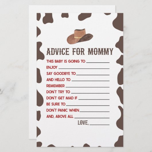 カウボーイロデオアドバイスベビーシャワーゲームアクティビティ 便箋 (正面/裏面)