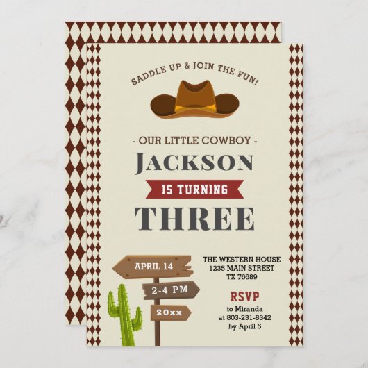 カウボーイロデオウエスタンサルーンキッドボーイバースデーパーティー 招待状 (正面/裏面)