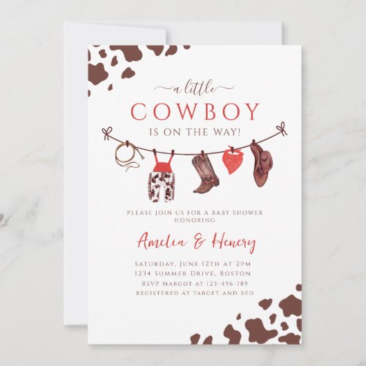 カウボーイワイルドウエストロードウェスタンレッドベビーシャワー 招待状 (正面)